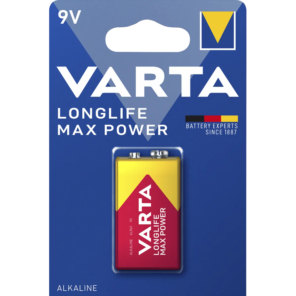 9V-Block Batterie VARTA "Longlife Max Power" Alkaline, 6LR61, 9V
