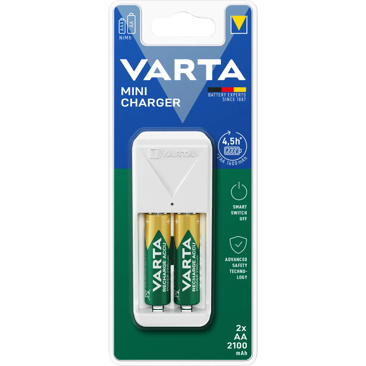 Mini Universal-Ladegerät VARTA, inkl. 2x Mignon Akku Typ AA, Akku NiMH, 2100mAh