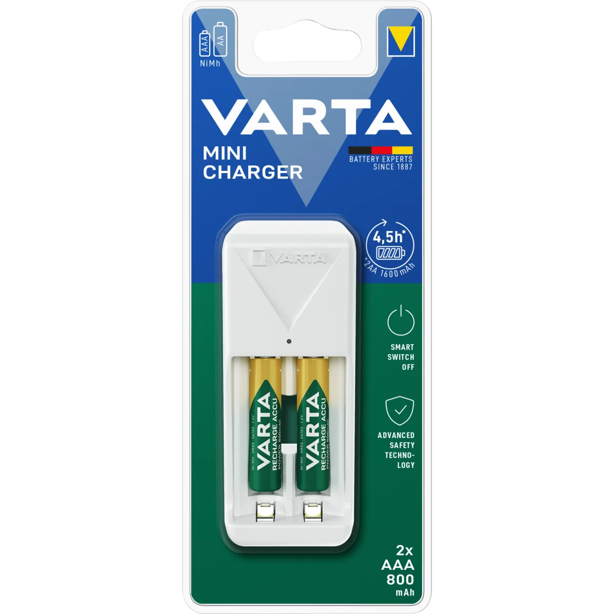Mini Universal-Ladegerät VARTA, inkl. 2x Micro Akku Typ AAA, Akku NiMH, 800mAh