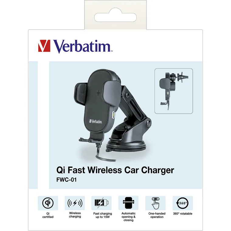 Fast Wireless Charger Verbatim, KFZ, Qi, 9V/12V, FWC-01