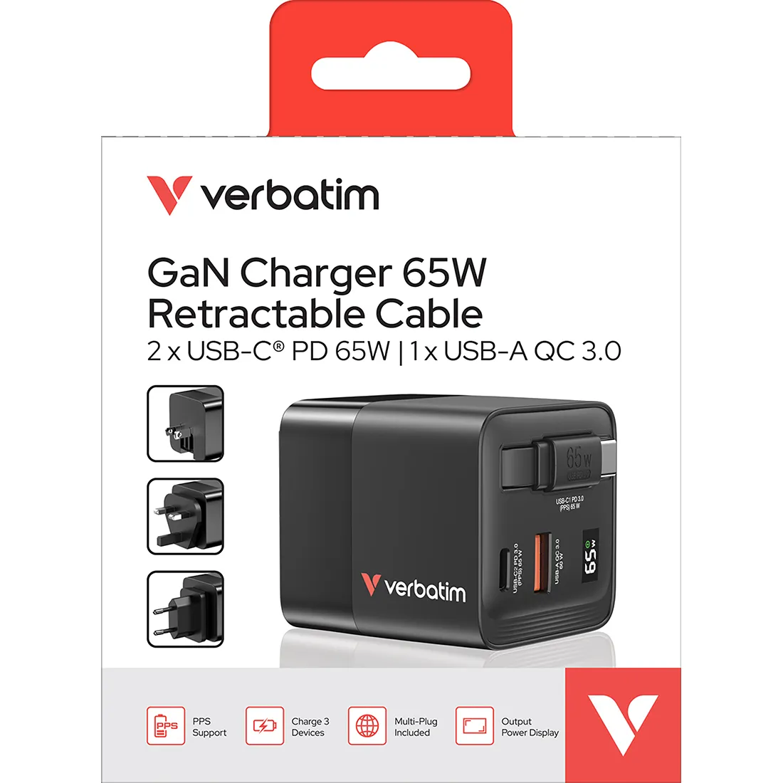 Ladeadapter Verbatim, GaN, 65W, Retractable, schwarz