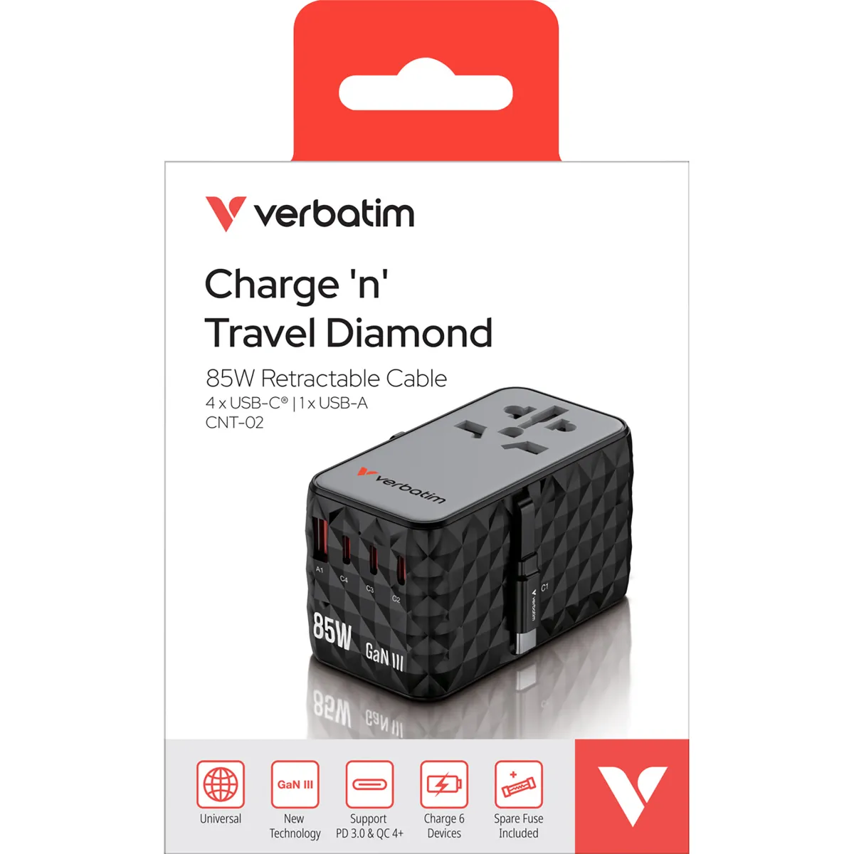 Ladeadapter Verbatim, Charge'n'Travel, GaN III, 85W, USB-C Kabel integriert