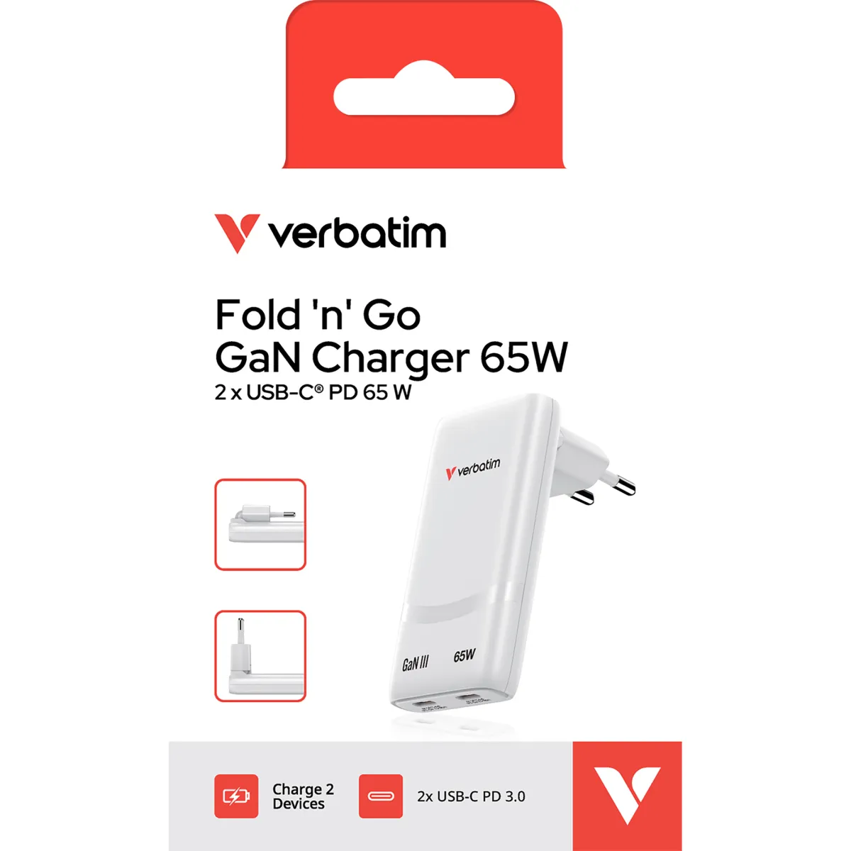 Fold 'n’ Go GaN Charger Verbatim, 65W, weiss