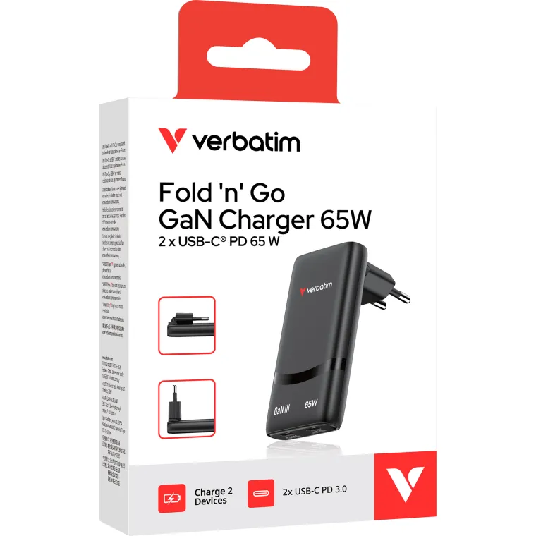 Fold 'n’ Go GaN Charger Verbatim, 65W, schwarz