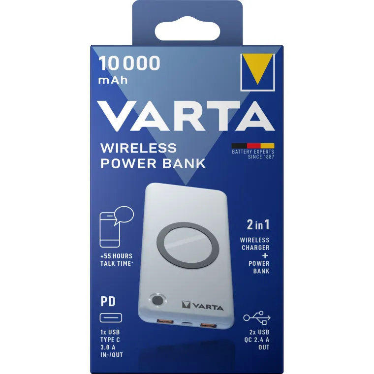 Akku Powerbank VARTA, 10.000mAh, Wireless, weiss, 2x USB-A, 1x USB-C