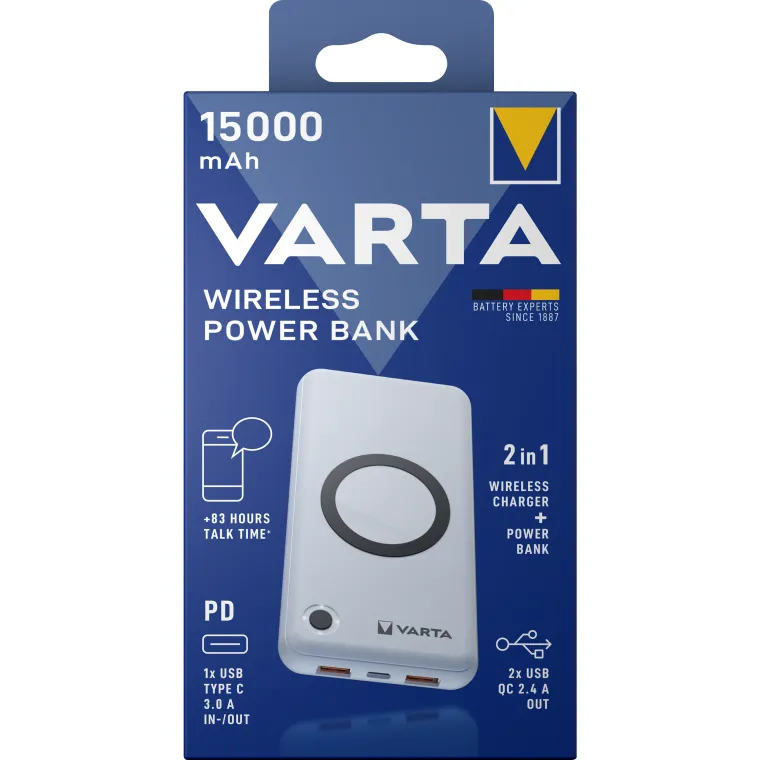Akku Powerbank VARTA, 15.000mAh, Wireless, weiss, 2x USB-A, 1x, USB-C