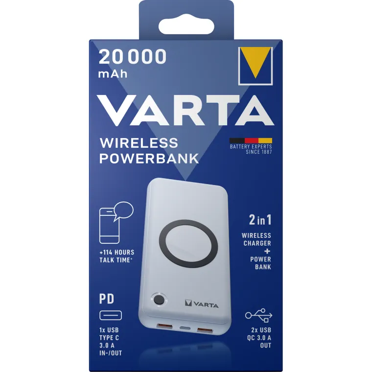 Akku Powerbank VARTA, 20.000mAh, Wireless, weiss, 2x USB-A, 1x USB-C