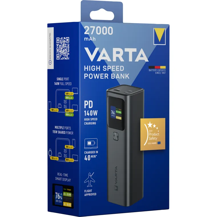 Akku Powerbank VARTA, 27.000mAh, High Speed, grau, 2x USB-C, 1x USB-A