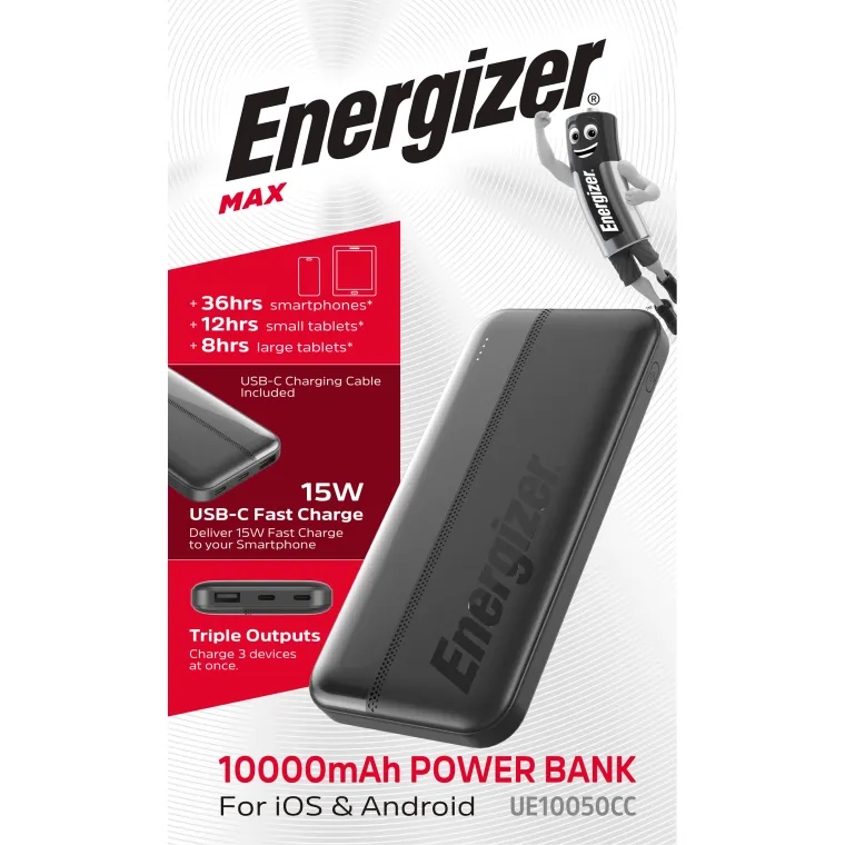 Akku Powerbank ENERGIZER, 10.000mAh, UE10050CC, 1x USB-A, 2x USB-C, schwarz