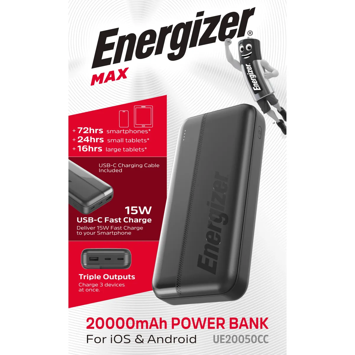 Akku Powerbank ENERGIZER, 20.000mAh, UE20050CC, 1x USB-A, 2x USB-C, schwarz