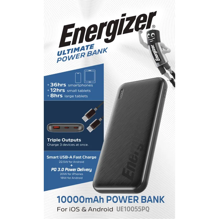 Akku Powerbank ENERGIZER, 10.000mAh, UE10055PQ, 1x USB-A, 2x USB-C, schwarz