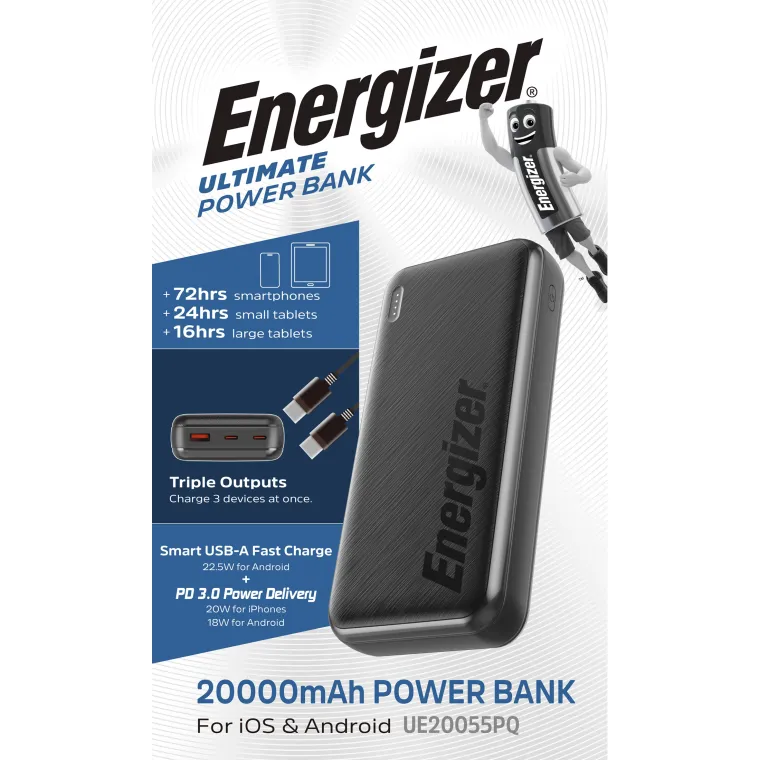 Akku Powerbank ENERGIZER, 20.000mAh, UE20055PQ, 1x USB-A, 2x USB-C, schwarz