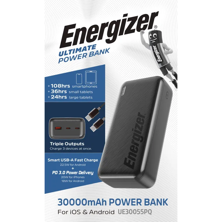 Akku Powerbank ENERGIZER, 30.000mAh, UE30055PQ, 1x USB-A, 2x USB-C, schwarz