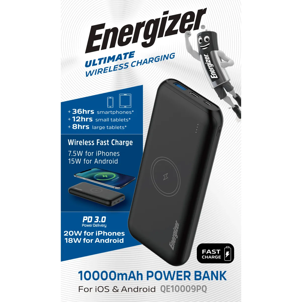 Akku Powerbank ENERGIZER, 10.000mAh, QE10009PQ, 1x USB-A,/Micro-B/-C PD, schwarz
