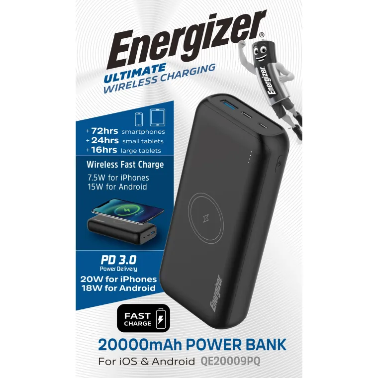 Akku Powerbank ENERGIZER, 20.000mAh, QE20009PQ, 1x USB-A/Micro-B/-C PD, schwarz