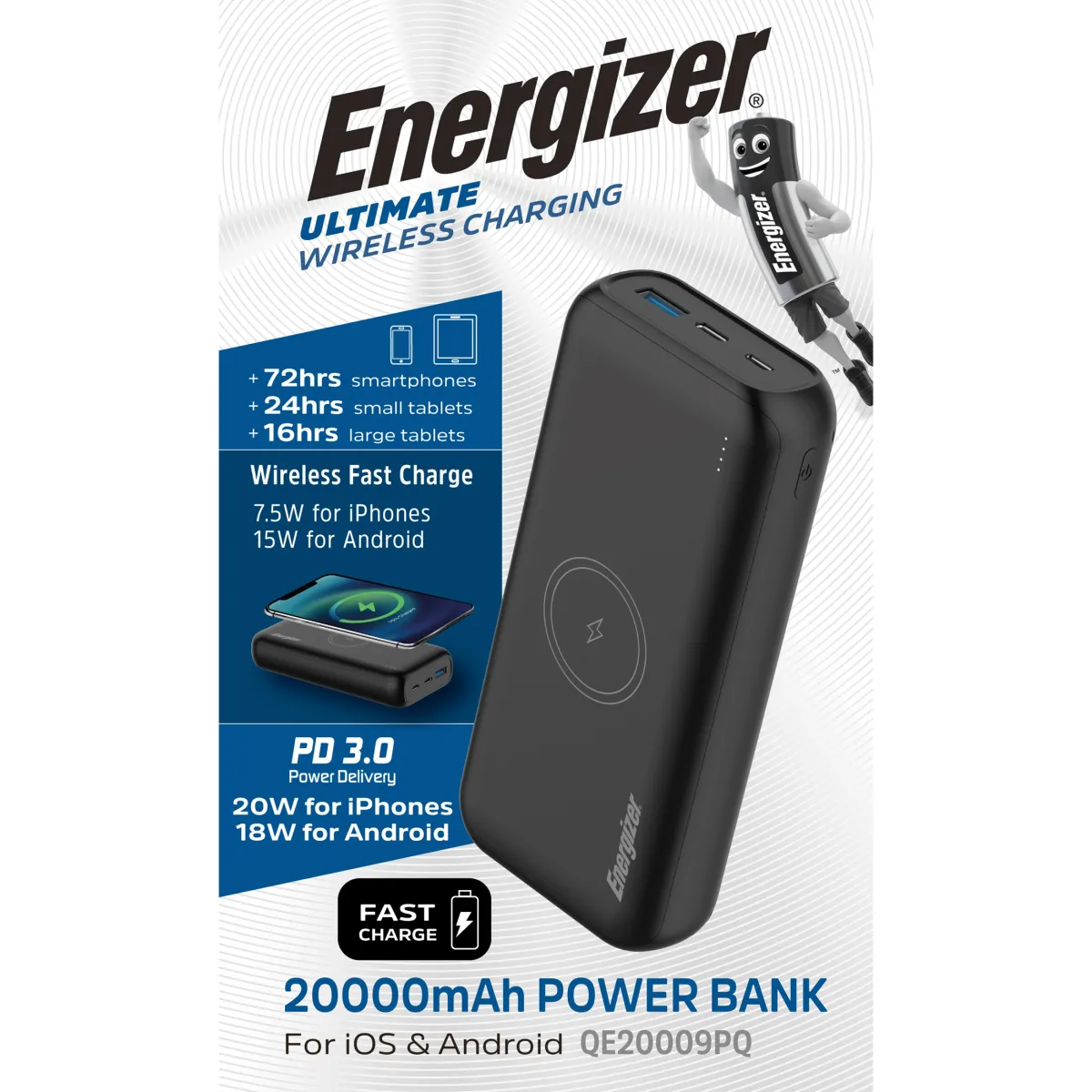 Akku Powerbank ENERGIZER, 20.000mAh, QE20009PQ, 1x USB-A/Micro-B/-C PD, schwarz