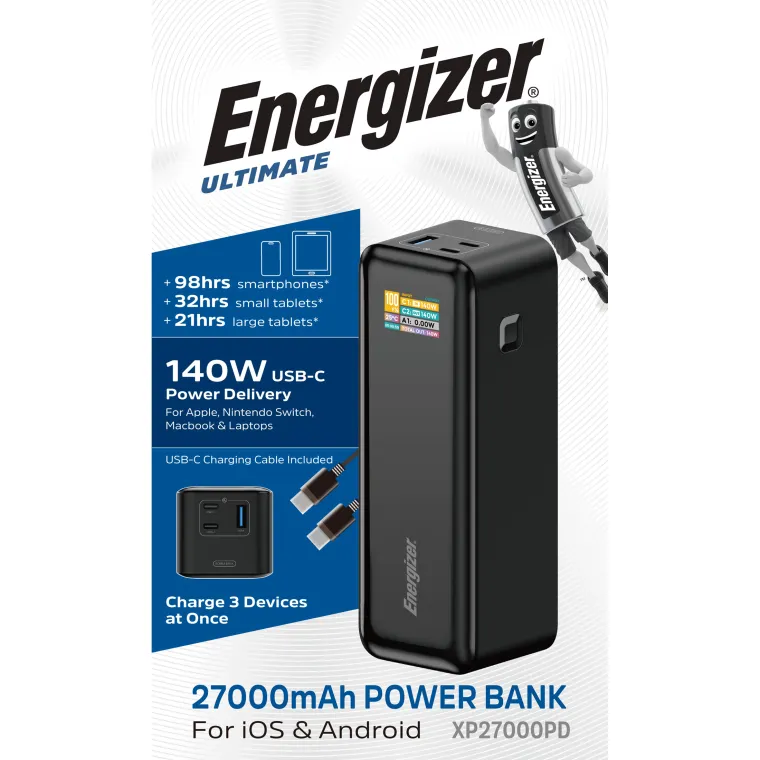 Akku Powerbank ENERGIZER, 27.000mAh, XP27000PD, 1x USB-A, 2x USB-C, schwarz