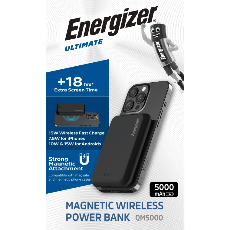 Akku Powerbank ENERGIZER, 5.000mAh, QM5000, magnetisch, 1x USB-C PD, schwarz