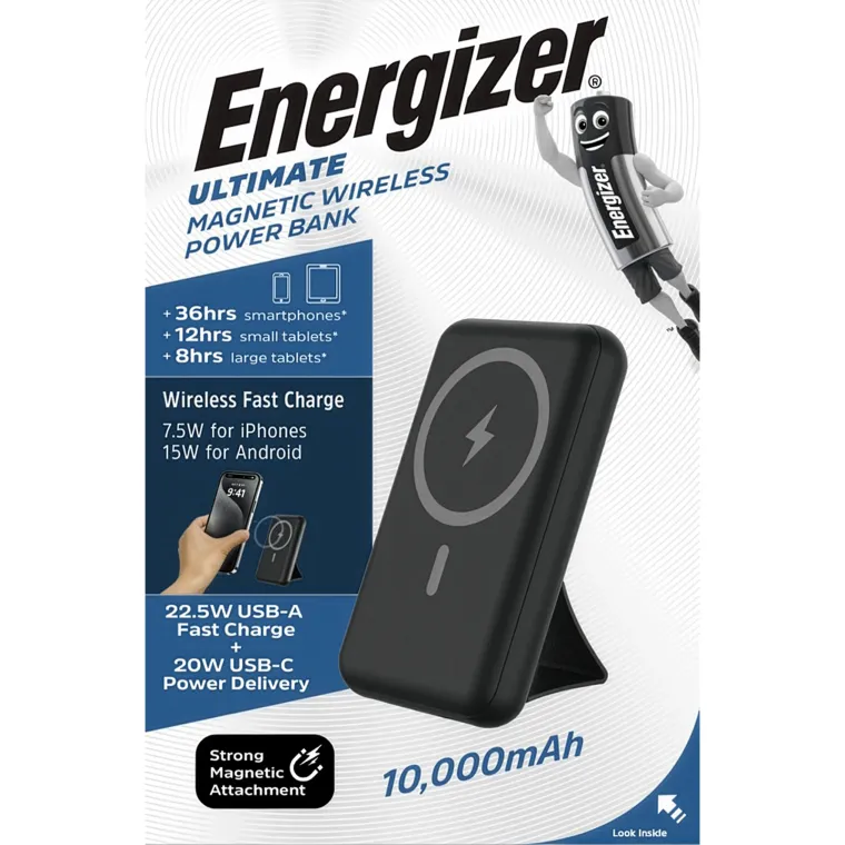 Akku Powerbank ENERGIZER,10.000mAh, QM10002PQ,magnetisch,1x USB-A/-C PD, schwarz