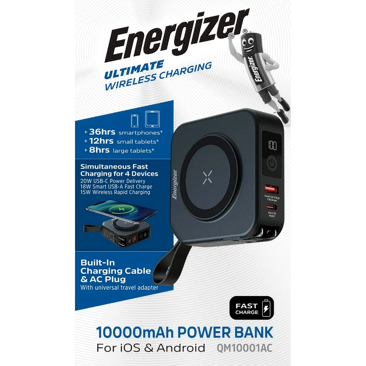 Akku Powerbank ENERGIZER, 10.000mAh, QM10001AC, 1x USB-A/-C PD, schwarz