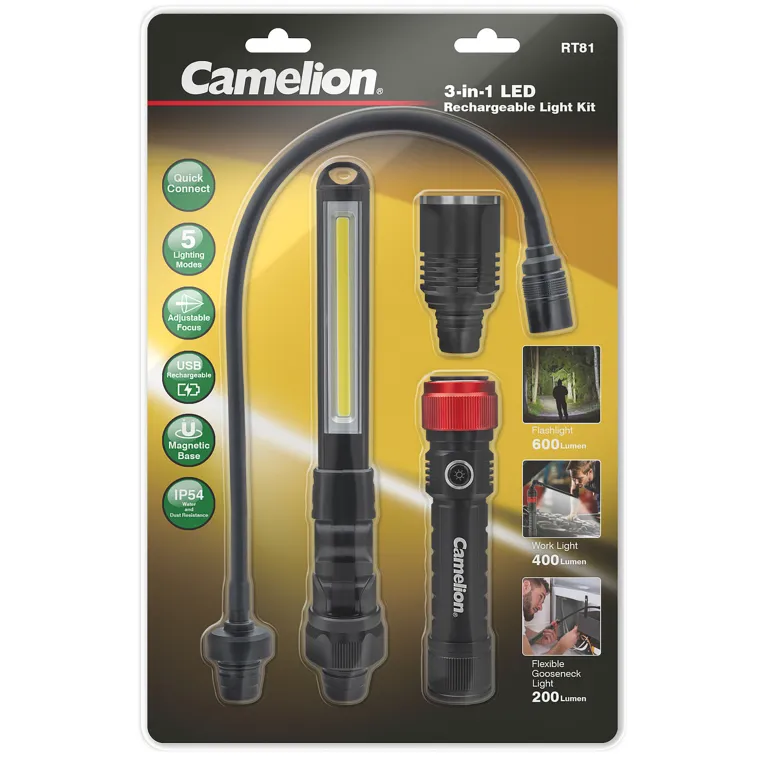 3-in-1 wiederaufladbares Aluminium-Licht-Sortiment CAMELION