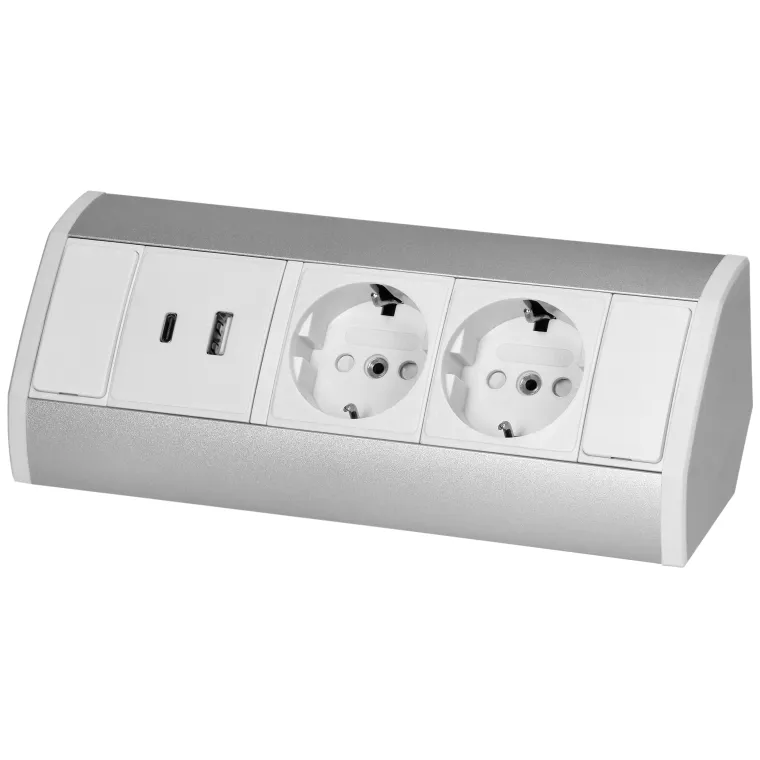 Steckdosenblock Aufbau, silber-weiß, 2-fach, 2x USB (Typ A+C), 3680W