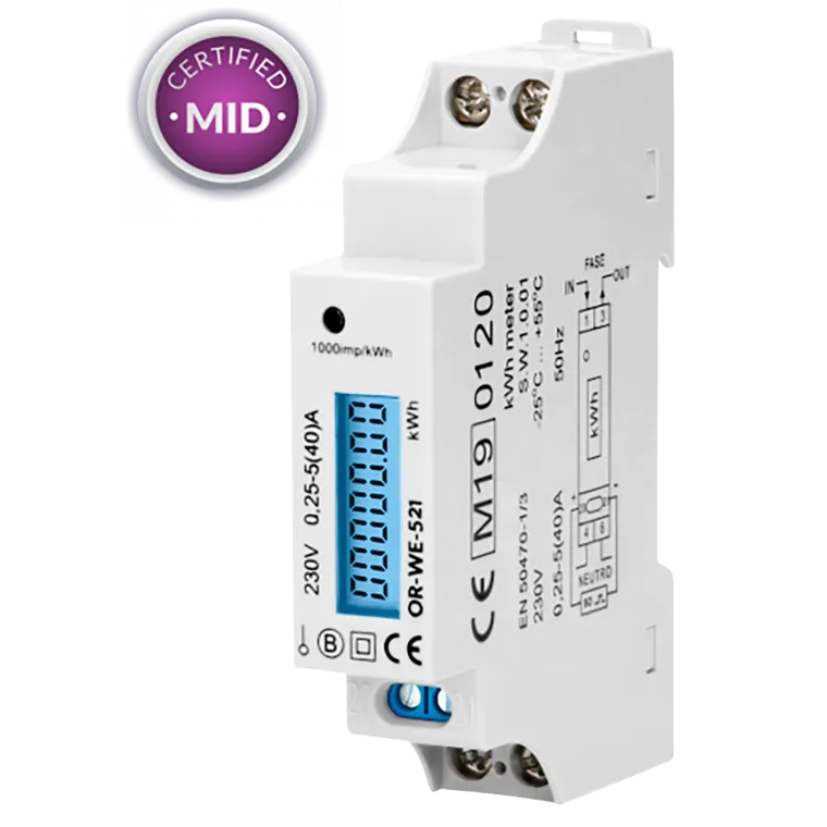 1-phasiger Stromzähler, 40A, MID, Impulsausgang, 1 Modul, DIN TH-35mm