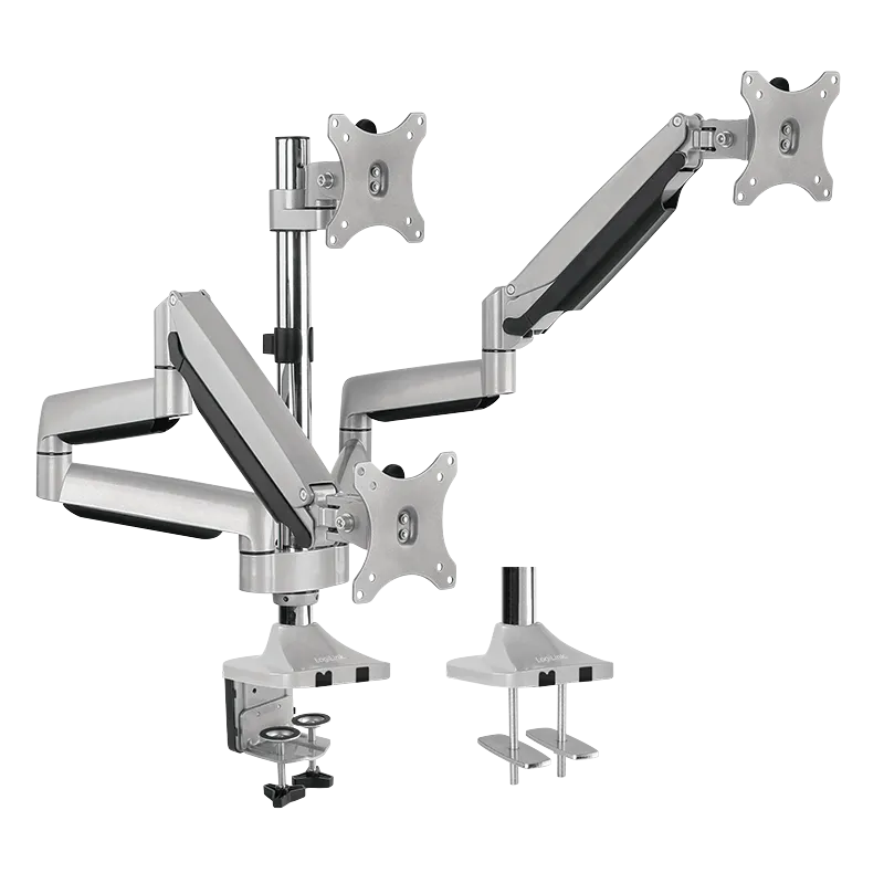 3-fach-Monitorhalterung, 13–32", 7 kg je Arm, neig-, kipp-& drehbar, Aluminium