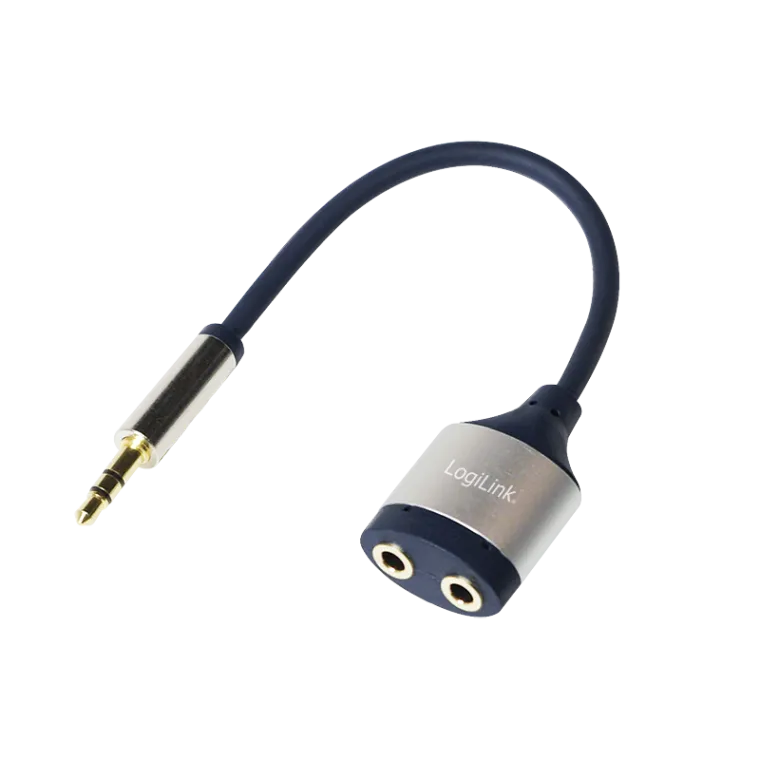 Audio-Kabel, 3,5 mm 3-Pin/M zu 2x 3,5 mm 3-Pin/F, schwarz/blau, 0,18 m