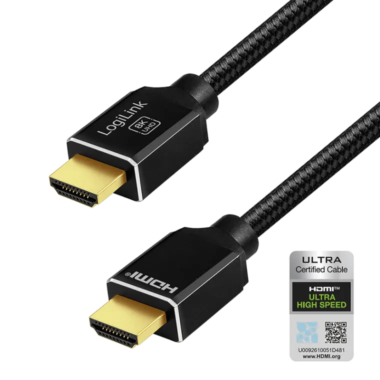HDMI-Kabel, A/M zu A/M, 8K/60 Hz, 48 Gbit/s, Metall, Nylon, Zertifiziert, schwarz, 1 m
