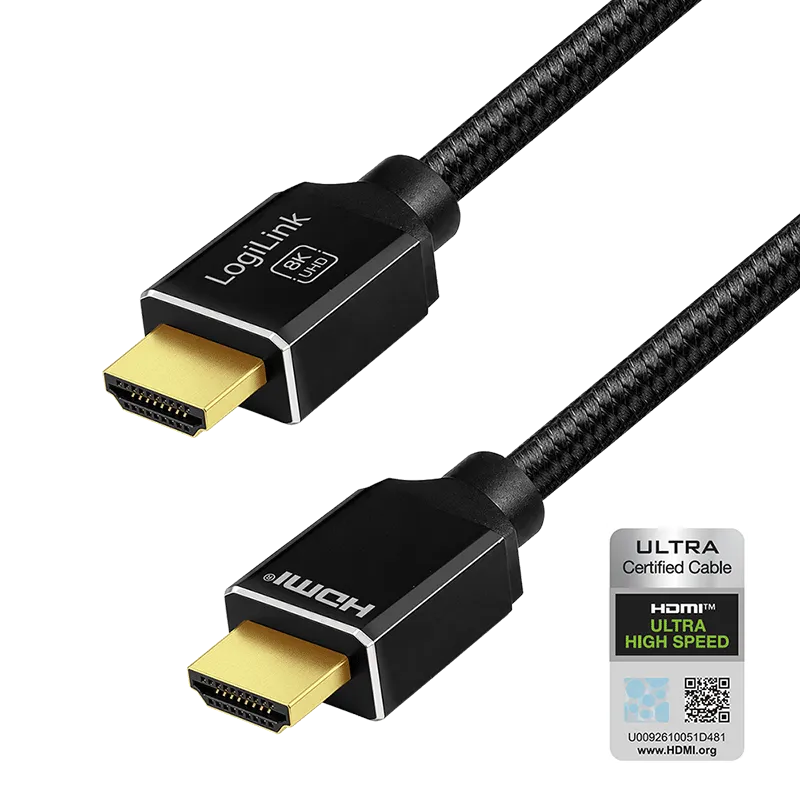 HDMI-Kabel, A/M zu A/M, 8K/60 Hz, 48 Gbit/s, Metall, Nylon, Zertifiziert, schwarz, 1 m