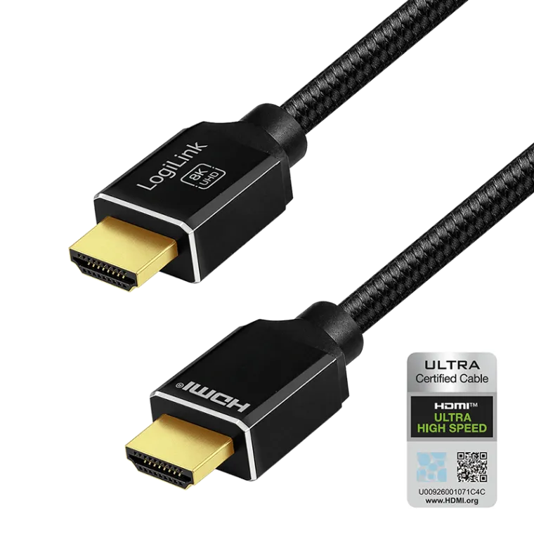 HDMI-Kabel, A/M zu A/M, 8K/60 Hz, 48 Gbit/s, Metall, Nylon, Zertifiziert, schwarz, 2 m