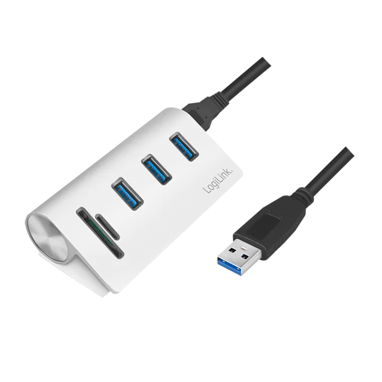 USB 3.0-Hub, 3-Port, mit Kartenleser für SD/microSD, Aluminiumgehäuse