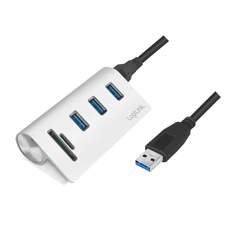 USB 3.0-Hub, 3-Port, mit Kartenleser für SD/microSD, Aluminiumgehäuse