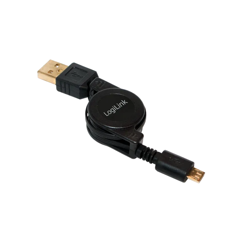 USB 2.0-Kabel, USB-A/M zu Micro-USB/M, ausziehbar, schwarz, 0,75 m