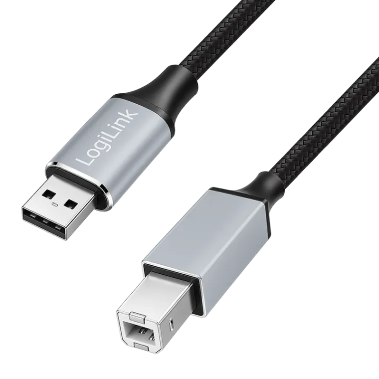 USB 2.0-Kabel, USB-A/M zu USB-B/M, 480 Mbit/s, Nylon, Metall, schwarz/silber, 3 m