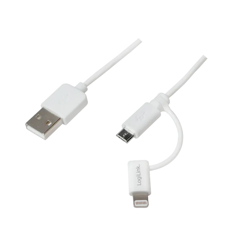 USB 2.0-Kabel, USB-A/M zu Micro-USB + Lightning/M, weiß, 1 m