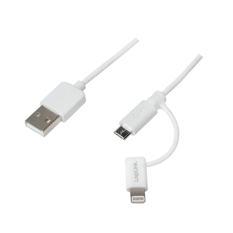 USB 2.0-Kabel, USB-A/M zu Micro-USB + Lightning/M, weiß, 1 m