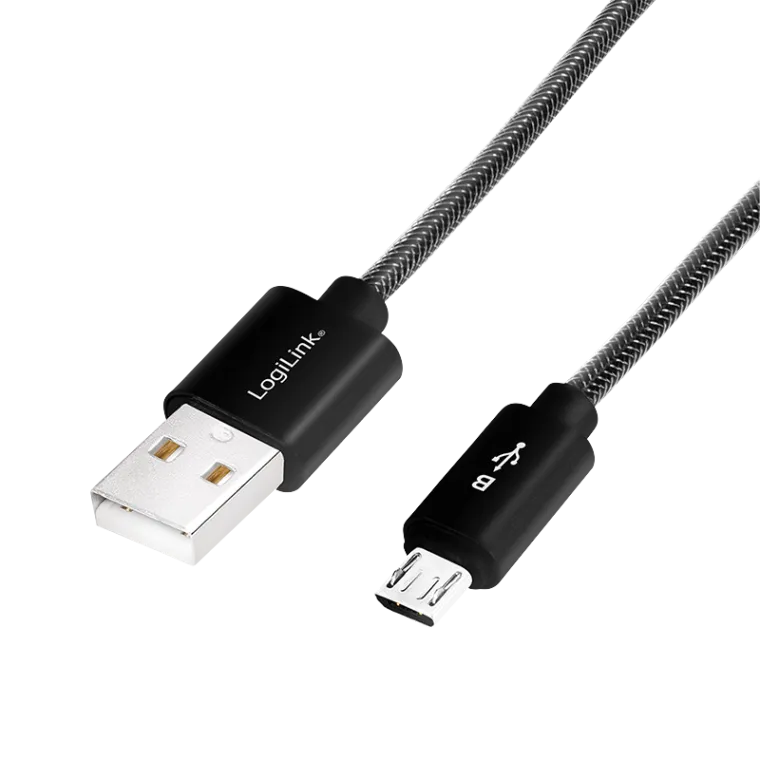 USB 2.0-Kabel, USB-A/M zu Micro-USB/M, Nylon, Alu, schwarz, 1 m