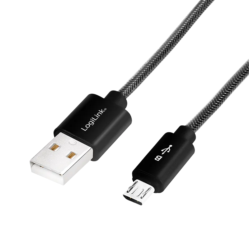 USB 2.0-Kabel, USB-A/M zu Micro-USB/M, Nylon, Alu, schwarz, 1 m