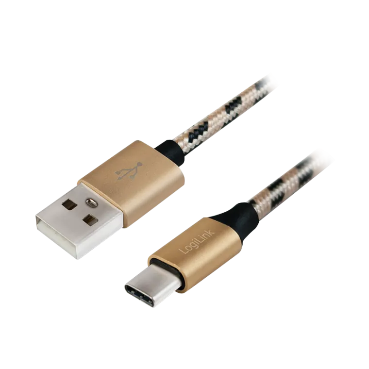 USB 2.0 Type-C Kabel, C/M zu A/M, Nylon, schwarz/gold, 2 m