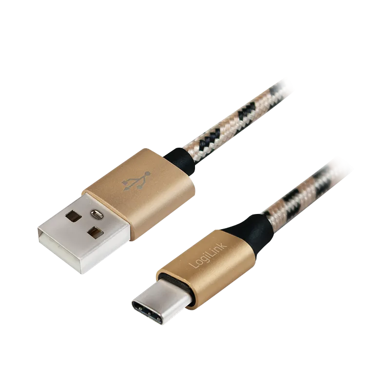 USB 2.0 Type-C Kabel, C/M zu A/M, Nylon, schwarz/gold, 2 m