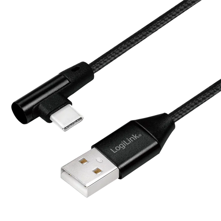 USB 2.0 Type-C Kabel, C/M (90°) zu A/M, Stoff, schwarz, 1 m