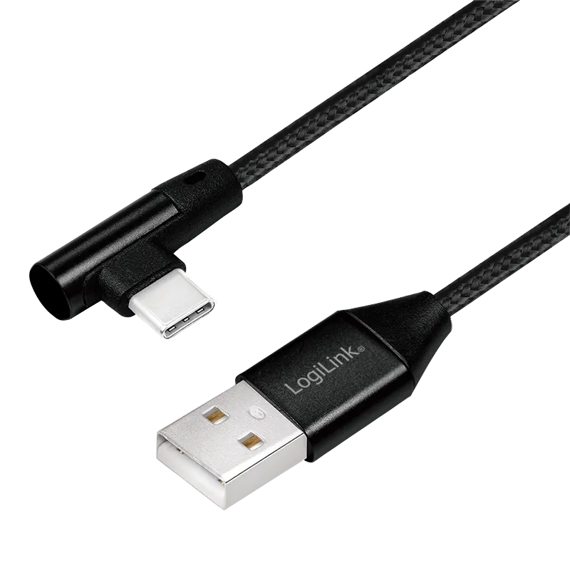 USB 2.0 Type-C Kabel, C/M (90°) zu A/M, Stoff, schwarz, 1 m