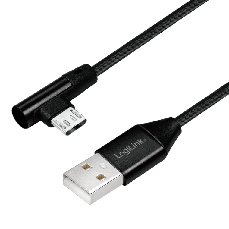 USB 2.0-Kabel, USB-A/M zu Micro-USB/M (90°), Stoff, Metall, schwarz, 1m