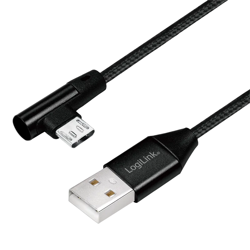 USB 2.0-Kabel, USB-A/M zu Micro-USB/M (90°), Stoff, Metall, schwarz, 1m