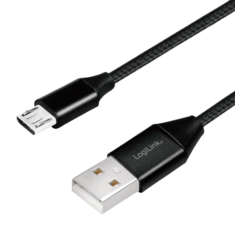 USB 2.0-Kabel, USB-A/M zu Micro-USB/M, Stoff, Metall, schwarz, 0,3m