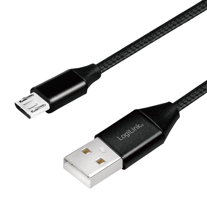 USB 2.0-Kabel, USB-A/M zu Micro-USB/M, Stoff, Metall, schwarz, 0,3m