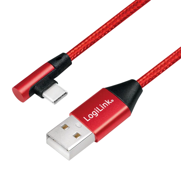 USB 2.0 Type-C Kabel, C/M (90°) zu A/M, Stoff, rot, 1 m