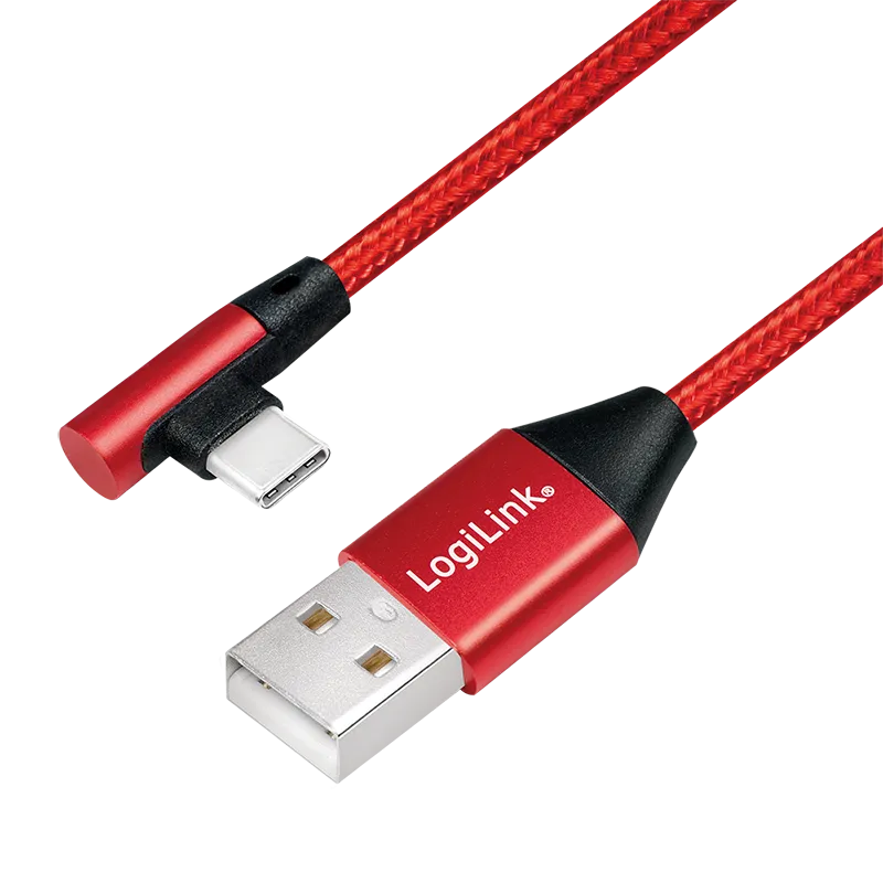 USB 2.0 Type-C Kabel, C/M (90°) zu A/M, Stoff, rot, 1 m